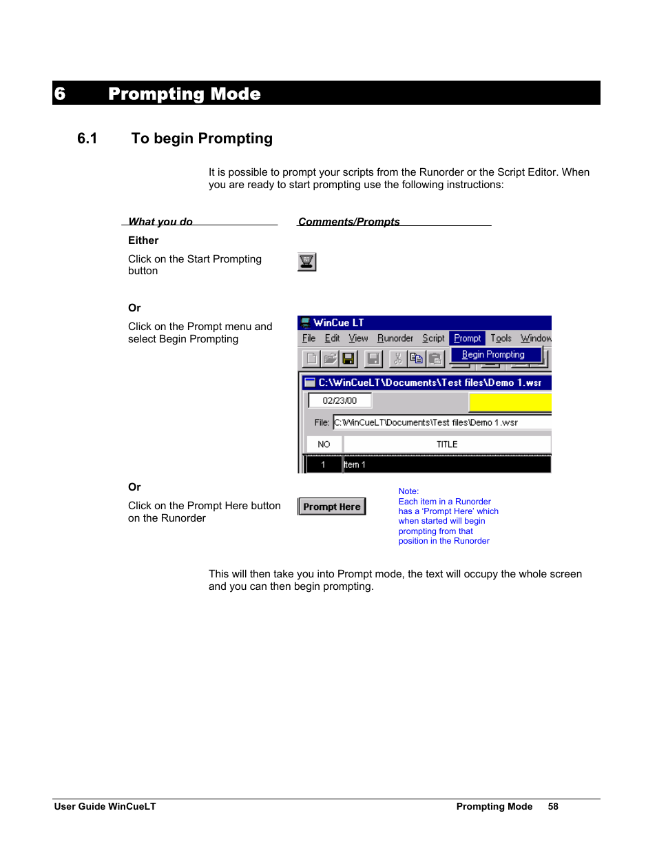 6prompting mode, 1 to begin prompting | Autocue WinCueLT User Manual | Page 65 / 82