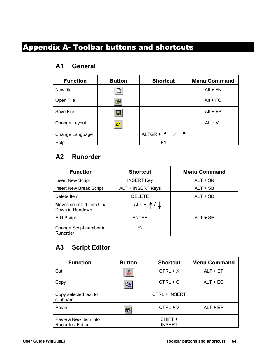 Appendix a- toolbar buttons and shortcuts, A1 general, A2 runorder | A3 script editor | Autocue WinCueLT User Manual | Page 71 / 82