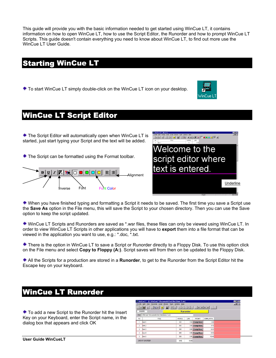 Starting wincue lt, Wincue lt script editor, Wincue lt runorder | Autocue WinCueLT User Manual | Page 79 / 82