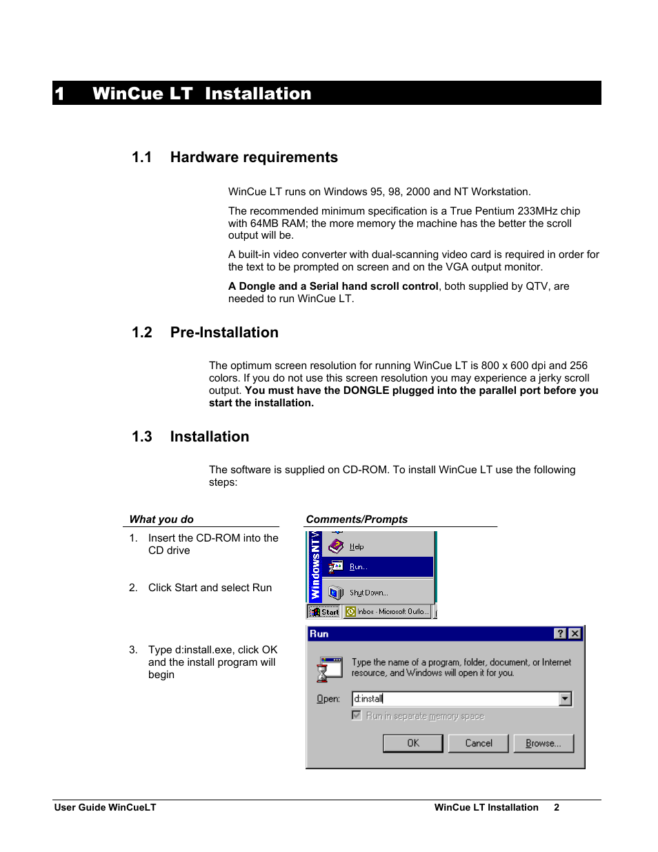 1 wincue lt installation, 1 hardware requirements, 2 pre-installation | 3 installation | Autocue WinCueLT User Manual | Page 9 / 82