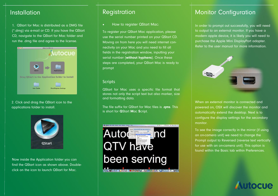 Installation registration, Monitor configuration | Autocue QStart For Mac User Manual | Page 2 / 2