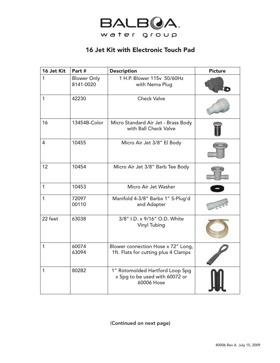 Balboa Water Group 16 Jet Kit With Electronic Touch Pad User Manual | 2 pages