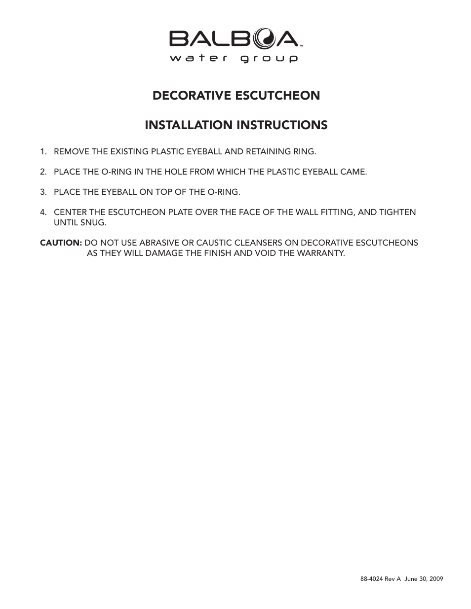 Balboa Water Group Decorative Escutcheon User Manual | 1 page