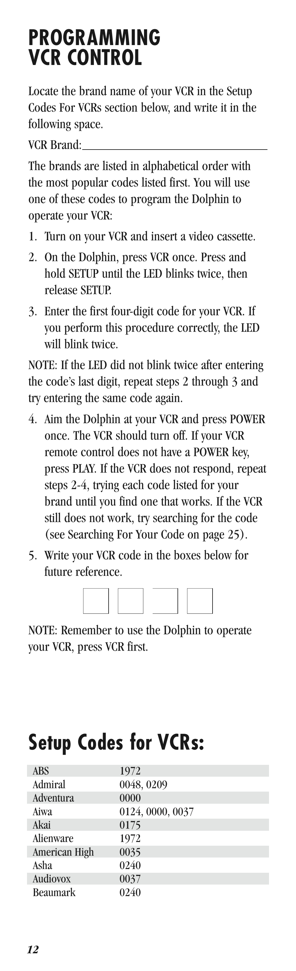 Qqqq, Programming vcr control, Setup codes for vcrs | Balboa Water Group Dolphin II User Manual | Page 12 / 36