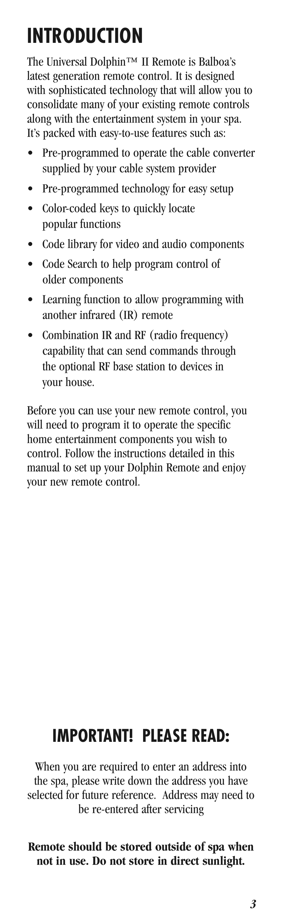 Introduction, Important! please read | Balboa Water Group Dolphin II User Manual | Page 3 / 36