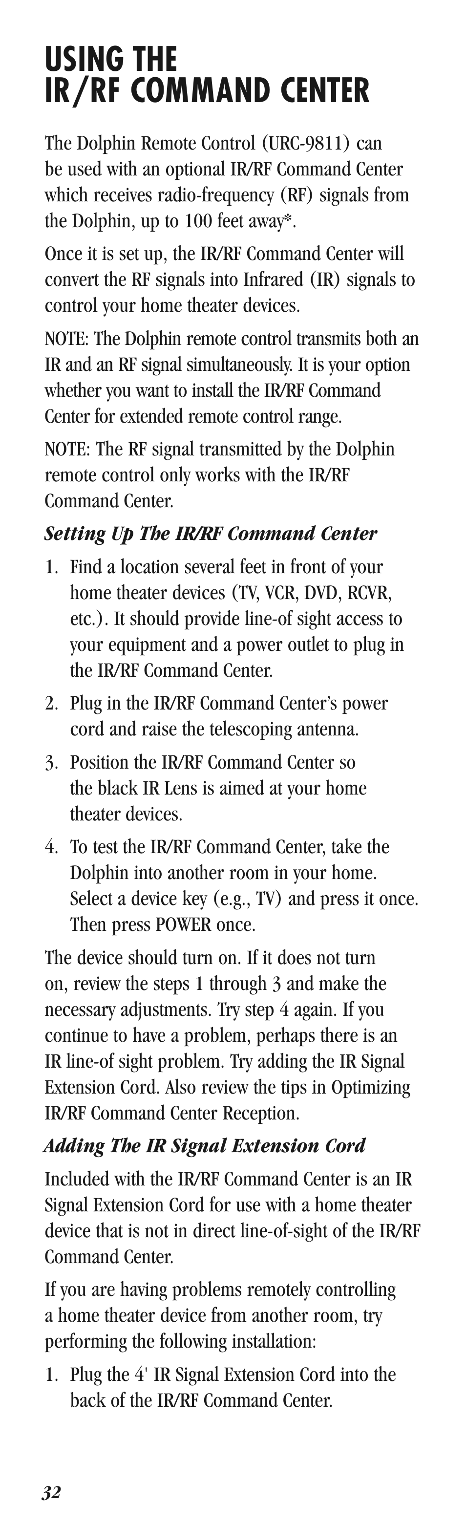 Using the ir/rf command center | Balboa Water Group Dolphin II User Manual | Page 32 / 36