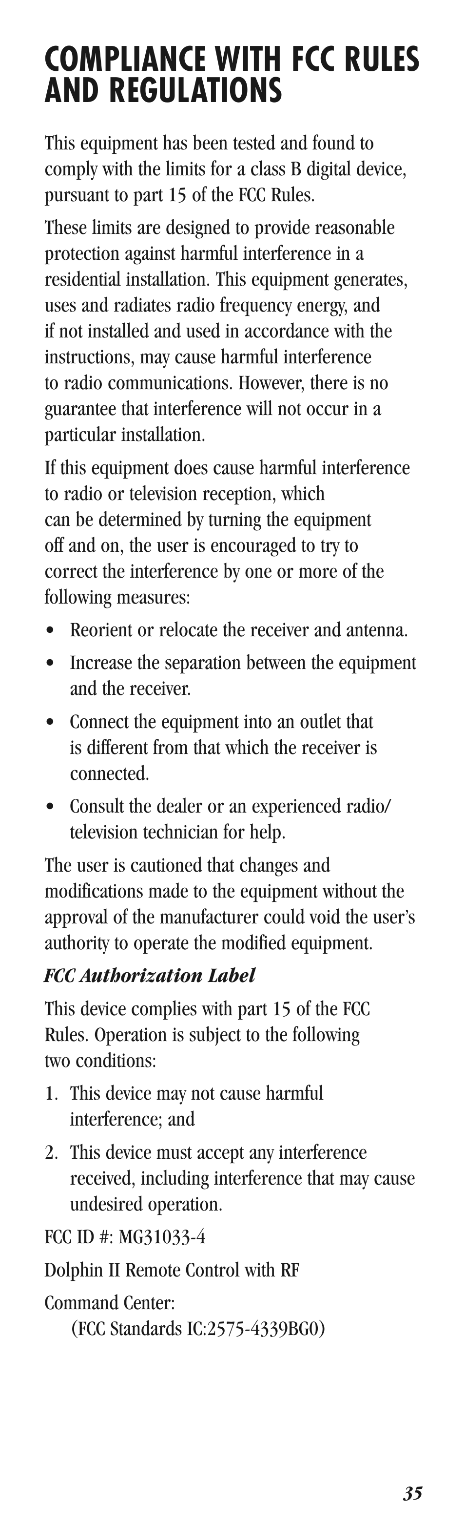 Compliance with fcc rules and regulations | Balboa Water Group Dolphin II User Manual | Page 35 / 36