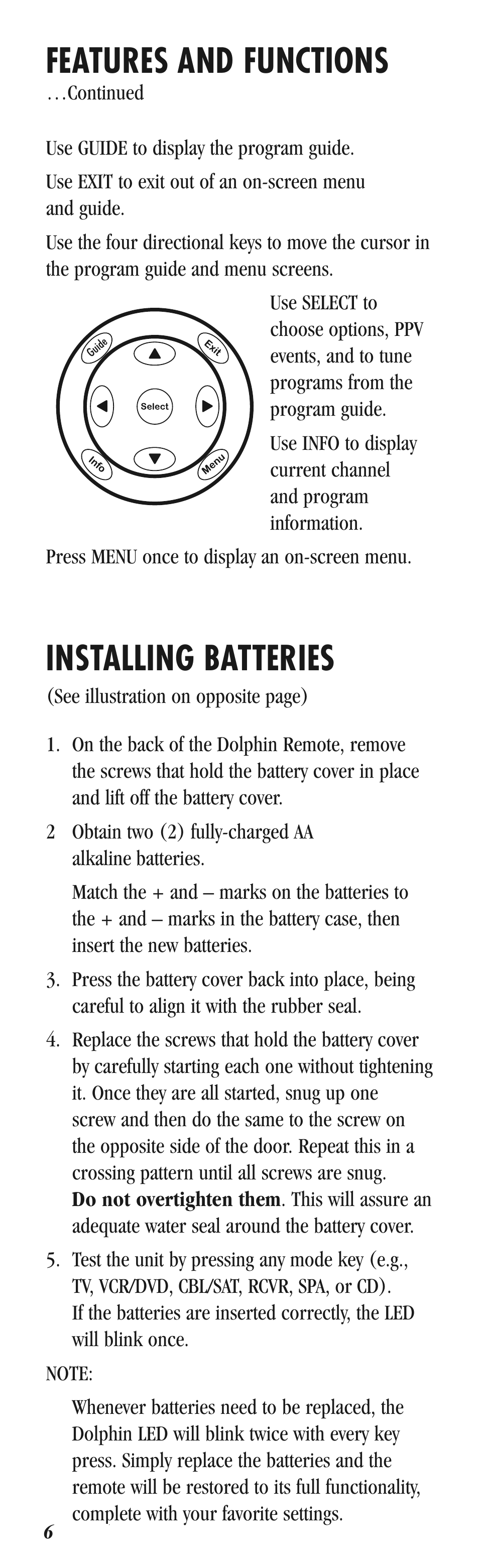 Features and functions, Installing batteries | Balboa Water Group Dolphin II User Manual | Page 6 / 36