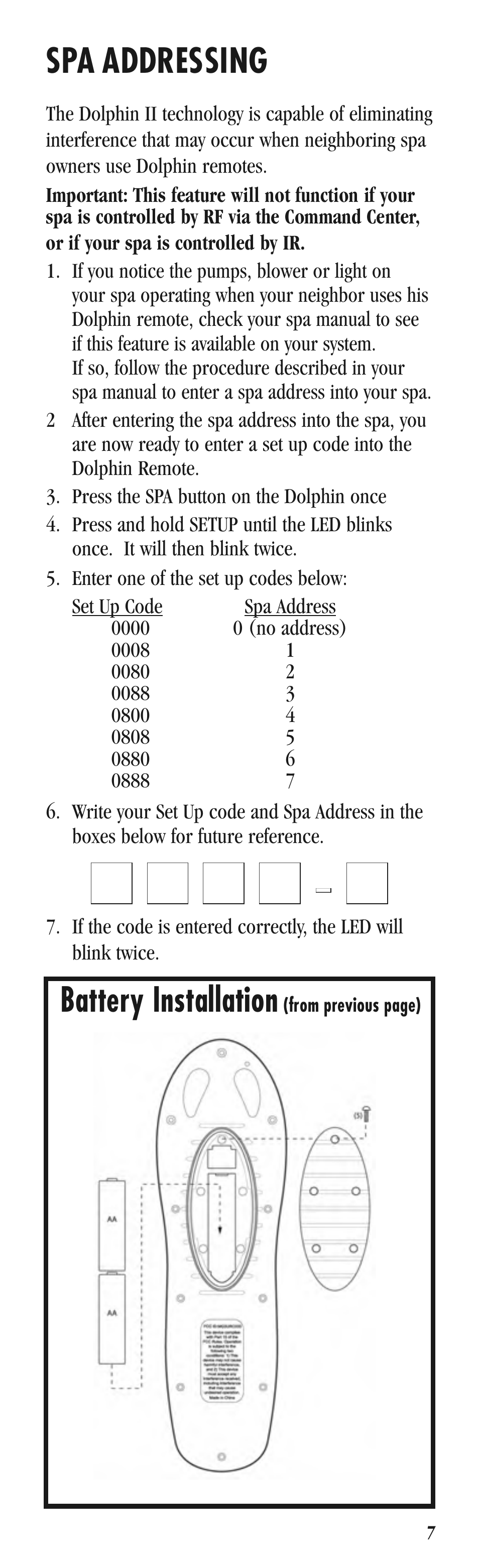 Qqqq-q, Spa addressing, Battery installation | Balboa Water Group Dolphin II User Manual | Page 7 / 36