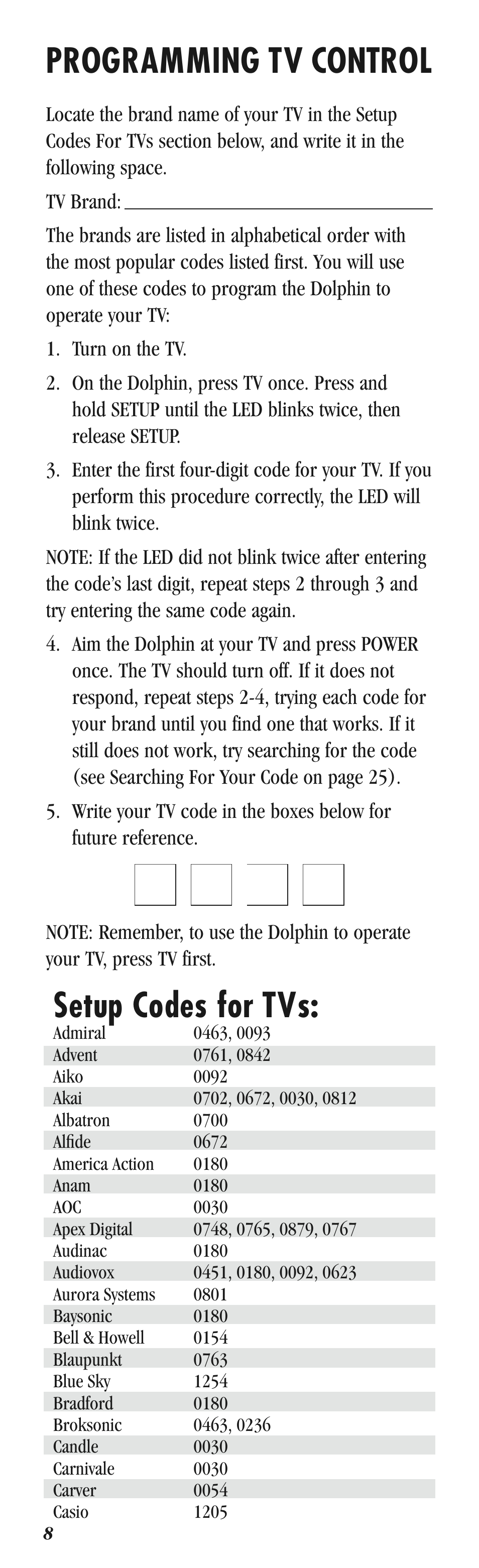 Qqqq, Programming tv control, Setup codes for tvs | Balboa Water Group Dolphin II User Manual | Page 8 / 36