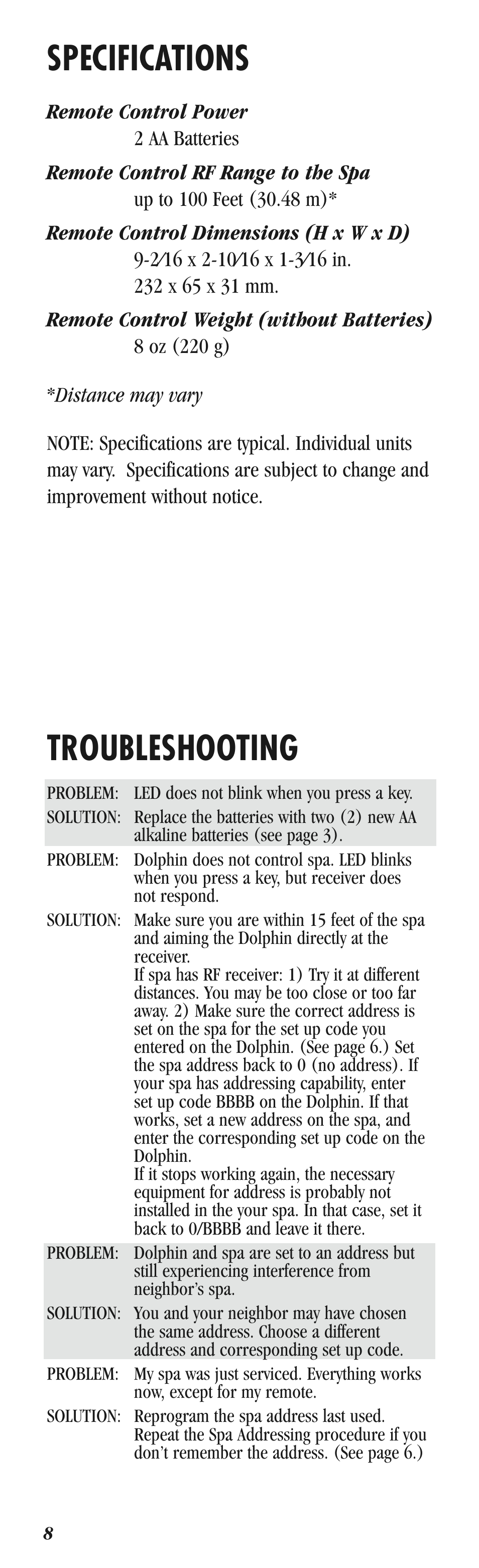 Troubleshooting, Specifications | Balboa Water Group Dolphin II Spa Only User Manual | Page 8 / 8
