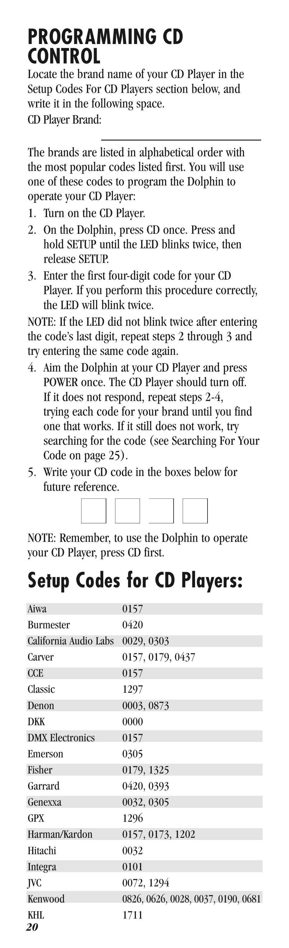 Qqqq, Programming cd control, Setup codes for cd players | Balboa Water Group Dolphin II CE User Manual | Page 20 / 32