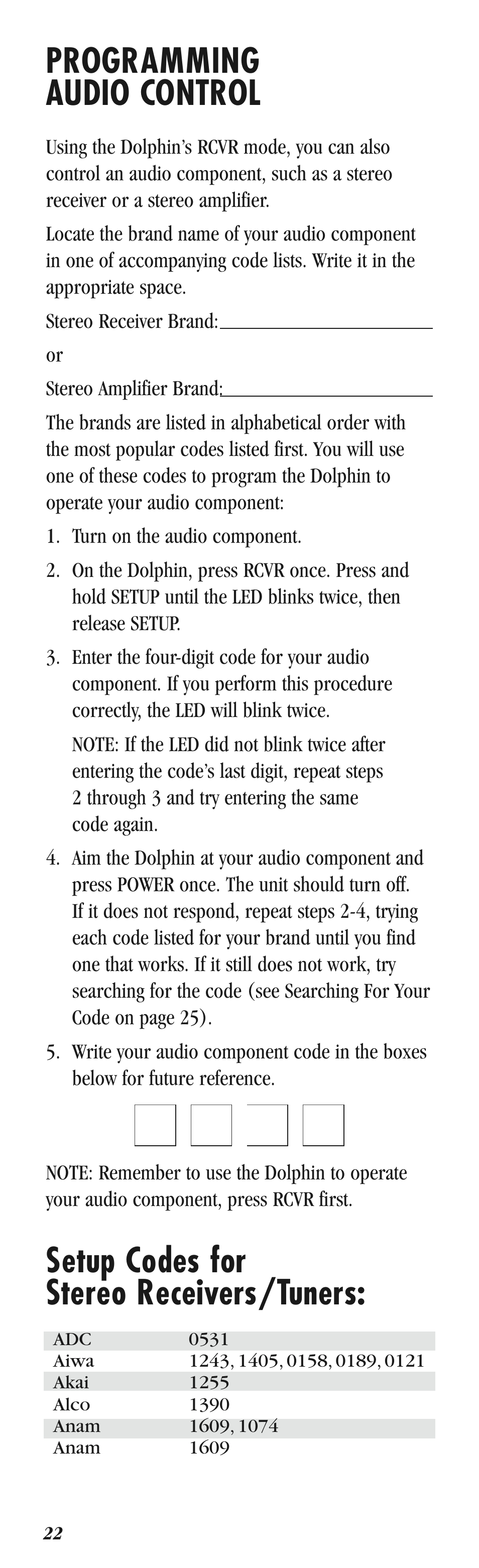 Qqqq, Programming audio control, Setup codes for stereo receivers/tuners | Balboa Water Group Dolphin II CE User Manual | Page 22 / 32