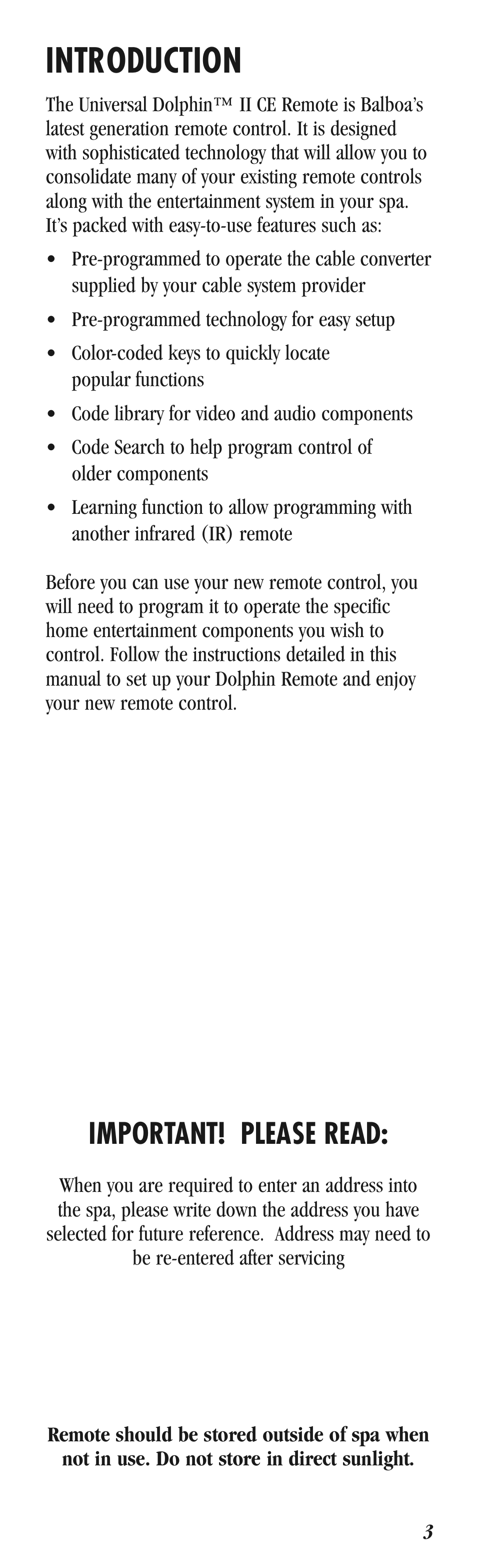 Introduction, Important! please read | Balboa Water Group Dolphin II CE User Manual | Page 3 / 32