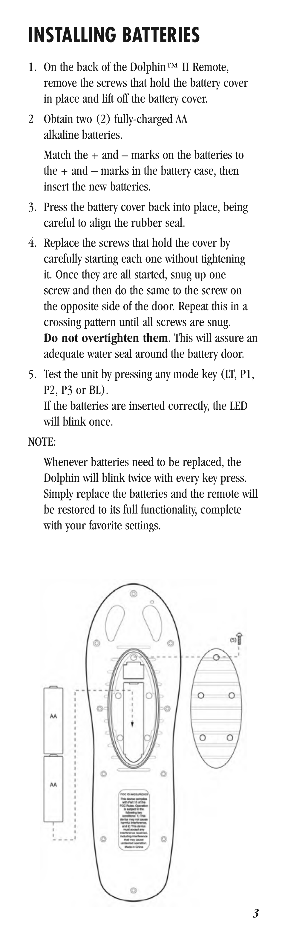 Installing batteries | Balboa Water Group Dolphin II Spa Only CE User Manual | Page 3 / 8