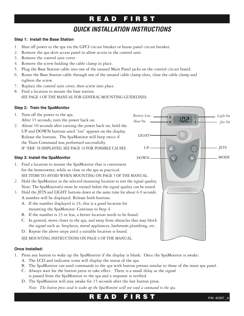 Balboa Water Group Spa Monitor Quick Reference User Manual | 1 page