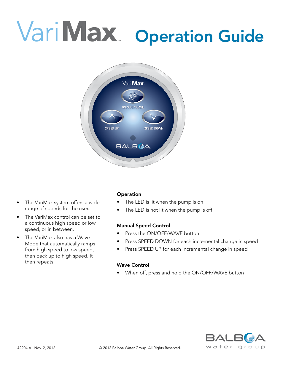 Balboa Water Group VariMax Control Panel User Manual | 1 page
