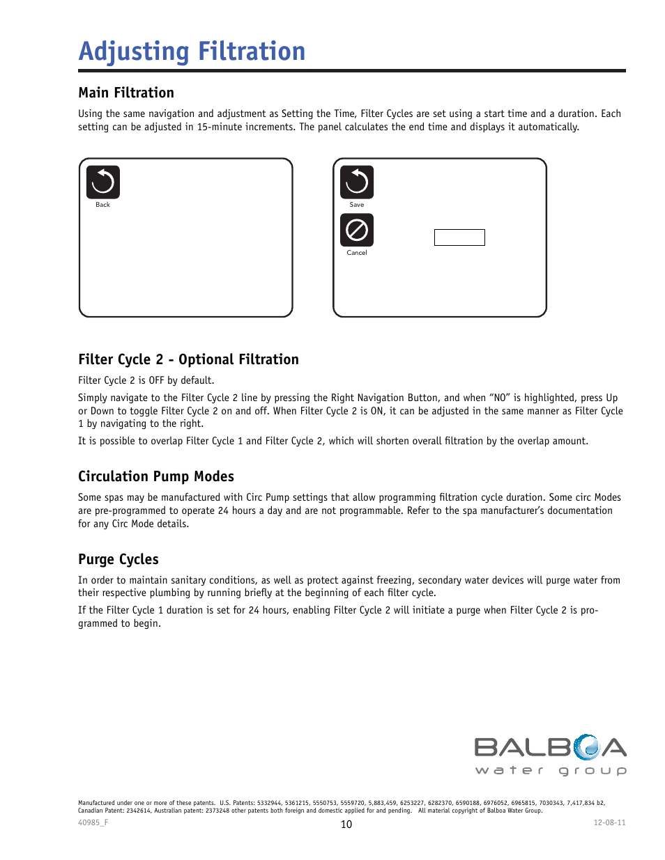 Adjusting filtration, Main filtration, Filter cycle 2 - optional filtration | Circulation pump modes, Purge cycles | Balboa Water Group TP900 User Manual | Page 10 / 22