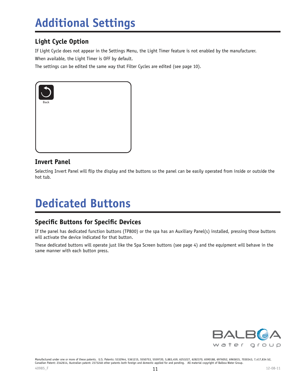 Additional settings dedicated buttons | Balboa Water Group TP900 User Manual | Page 11 / 22