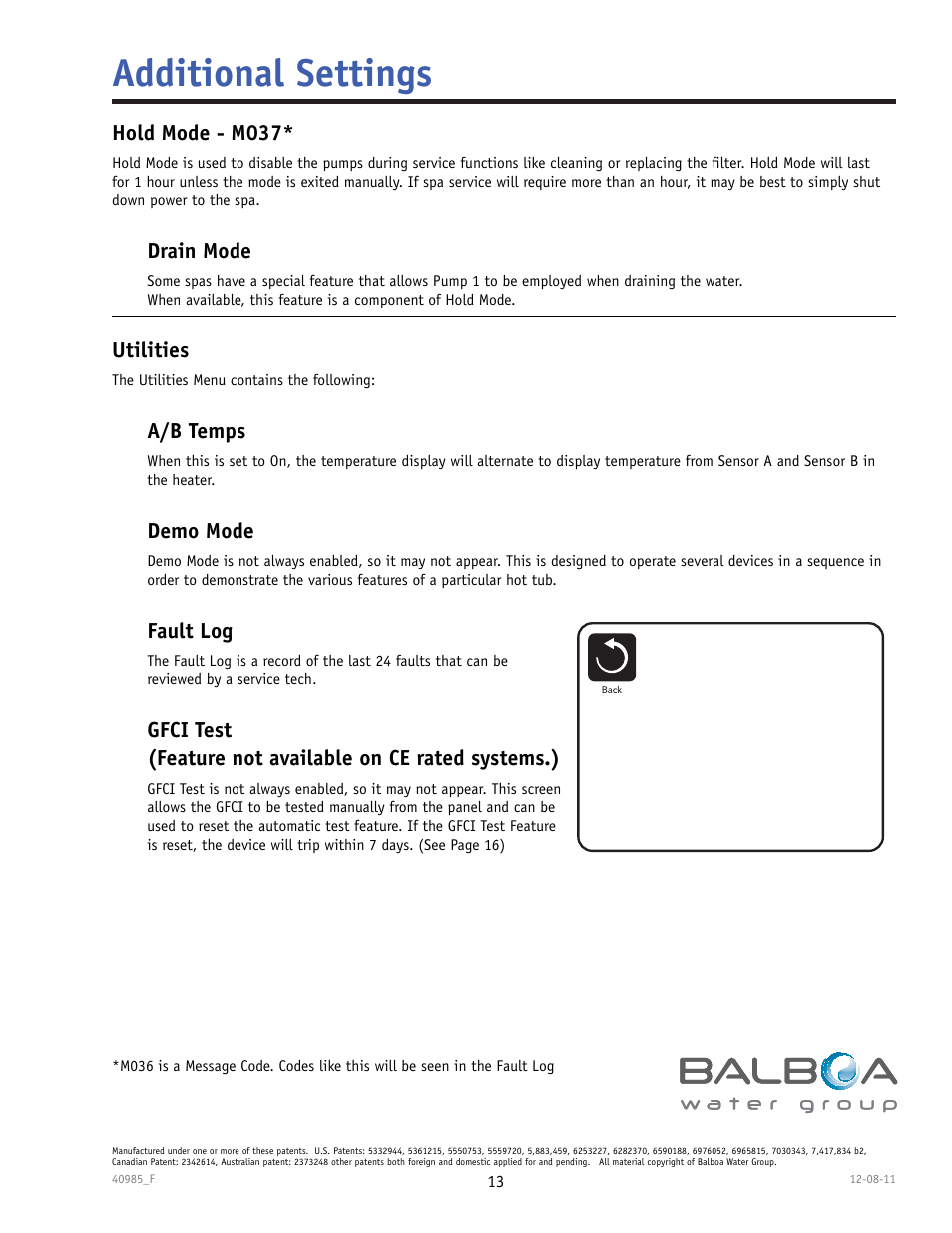 Additional settings, Hold mode - m037, Drain mode | Utilities, A/b temps, Demo mode, Fault log | Balboa Water Group TP900 User Manual | Page 13 / 22