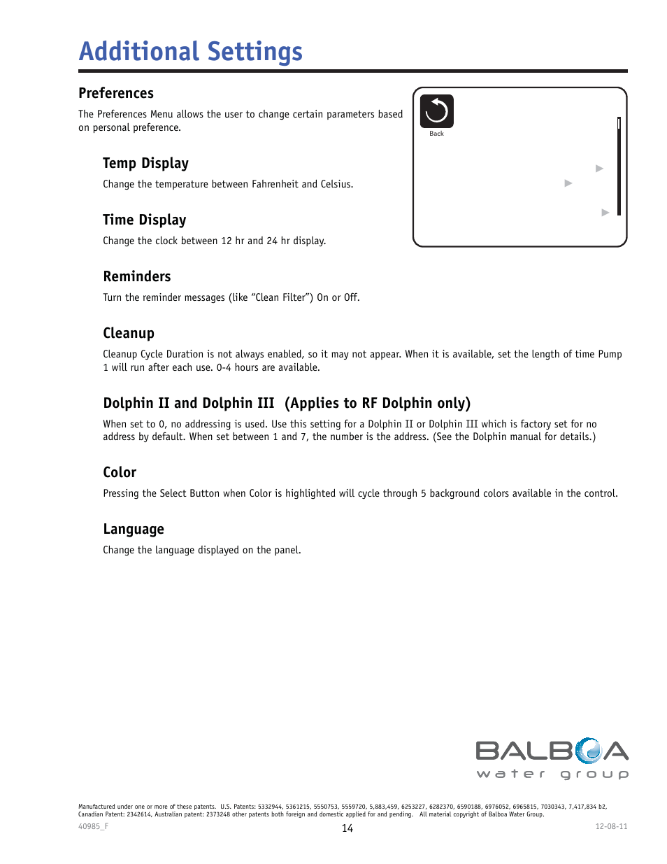 Additional settings, Preferences, Temp display | Time display, Reminders, Cleanup, Color, Language | Balboa Water Group TP900 User Manual | Page 14 / 22