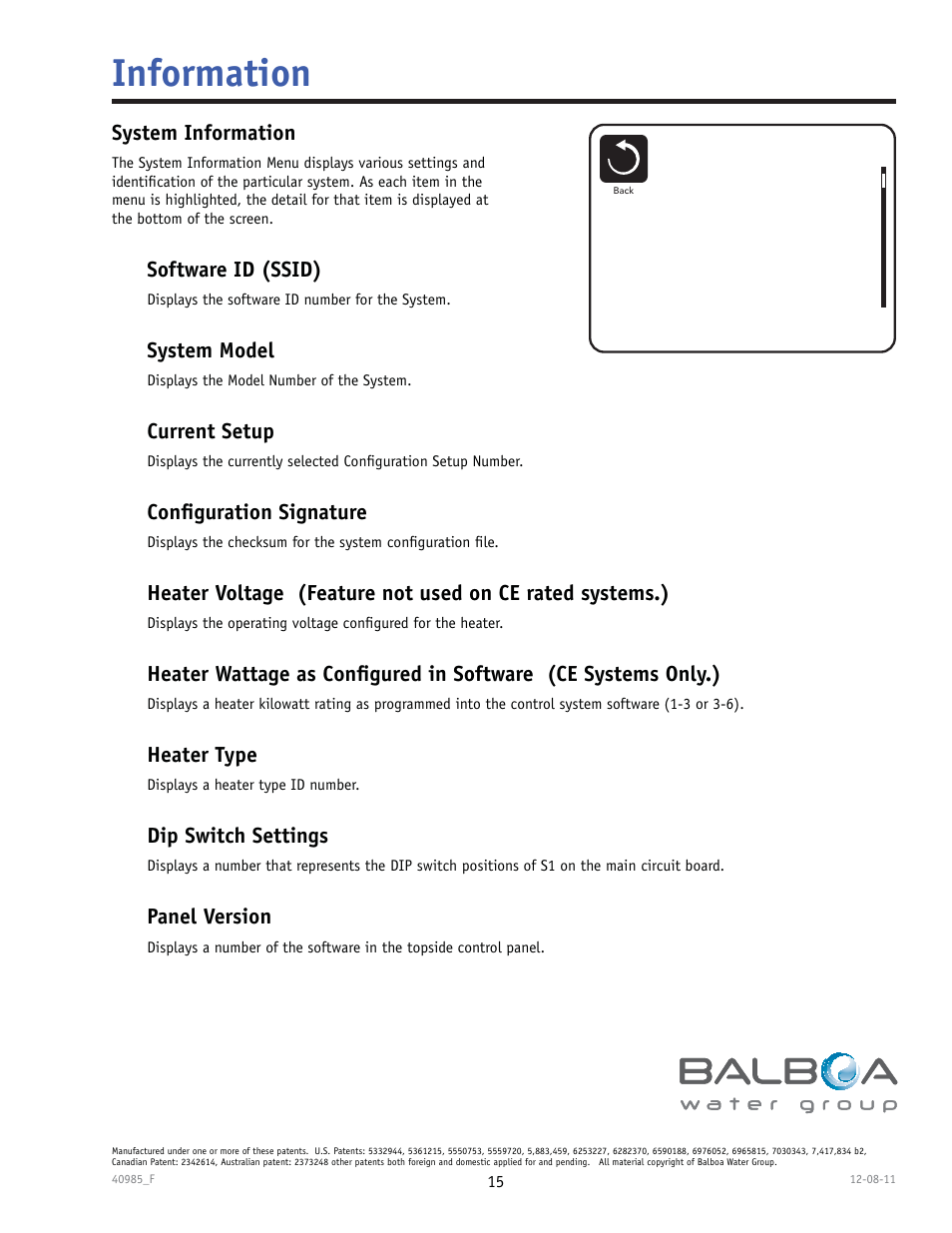 Information, System information, Software id (ssid) | System model, Current setup, Confi guration signature, Heater type, Dip switch settings, Panel version | Balboa Water Group TP900 User Manual | Page 15 / 22