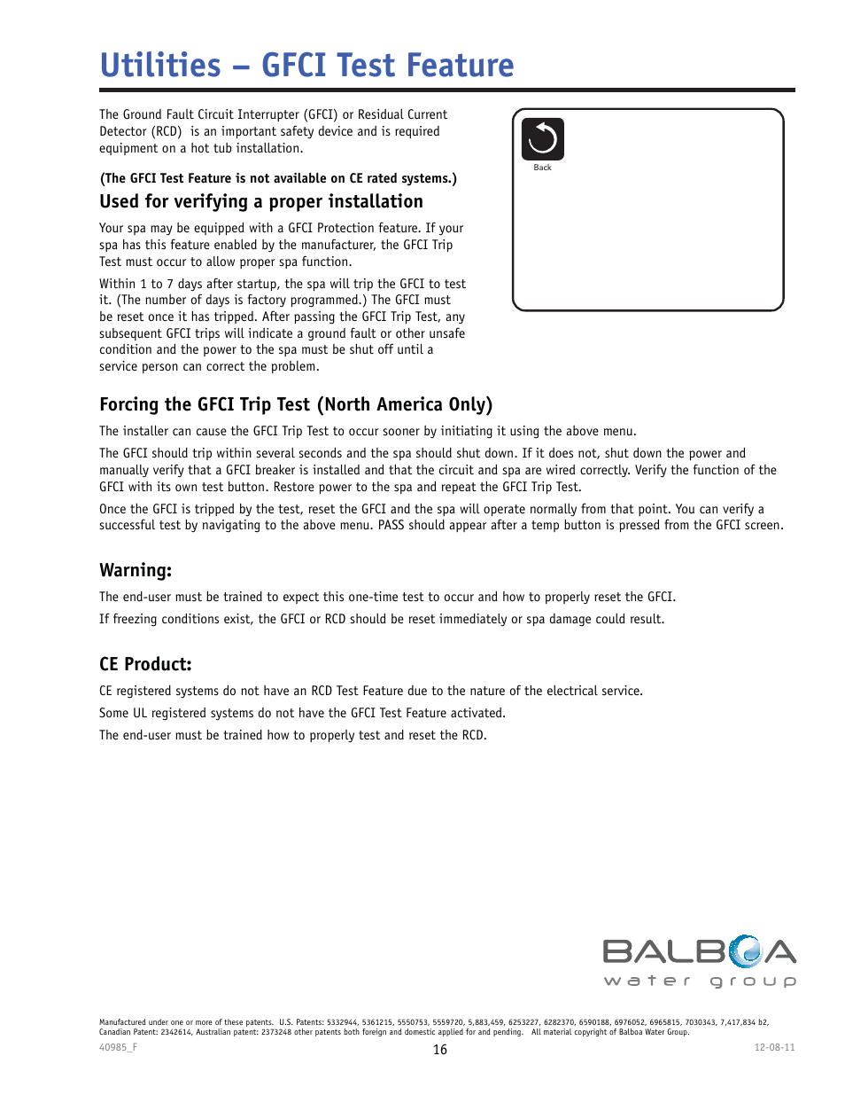 Utilities – gfci test feature, Used for verifying a proper installation, Forcing the gfci trip test (north america only) | Warning, Ce product | Balboa Water Group TP900 User Manual | Page 16 / 22