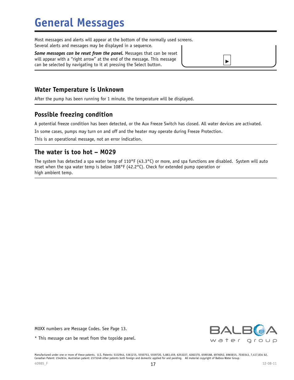 General messages, F – – –°c, The water is too hot – m029 | Possible freezing condition, Water temperature is unknown | Balboa Water Group TP900 User Manual | Page 17 / 22