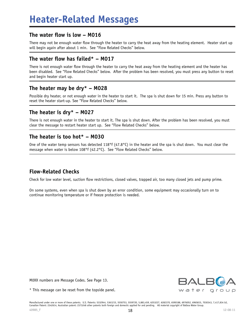 Heater-related messages, The water fl ow is low – m016, The water fl ow has failed* – m017 | The heater may be dry* – m028, The heater is dry* – m027, The heater is too hot* – m030, Flow-related checks | Balboa Water Group TP900 User Manual | Page 18 / 22
