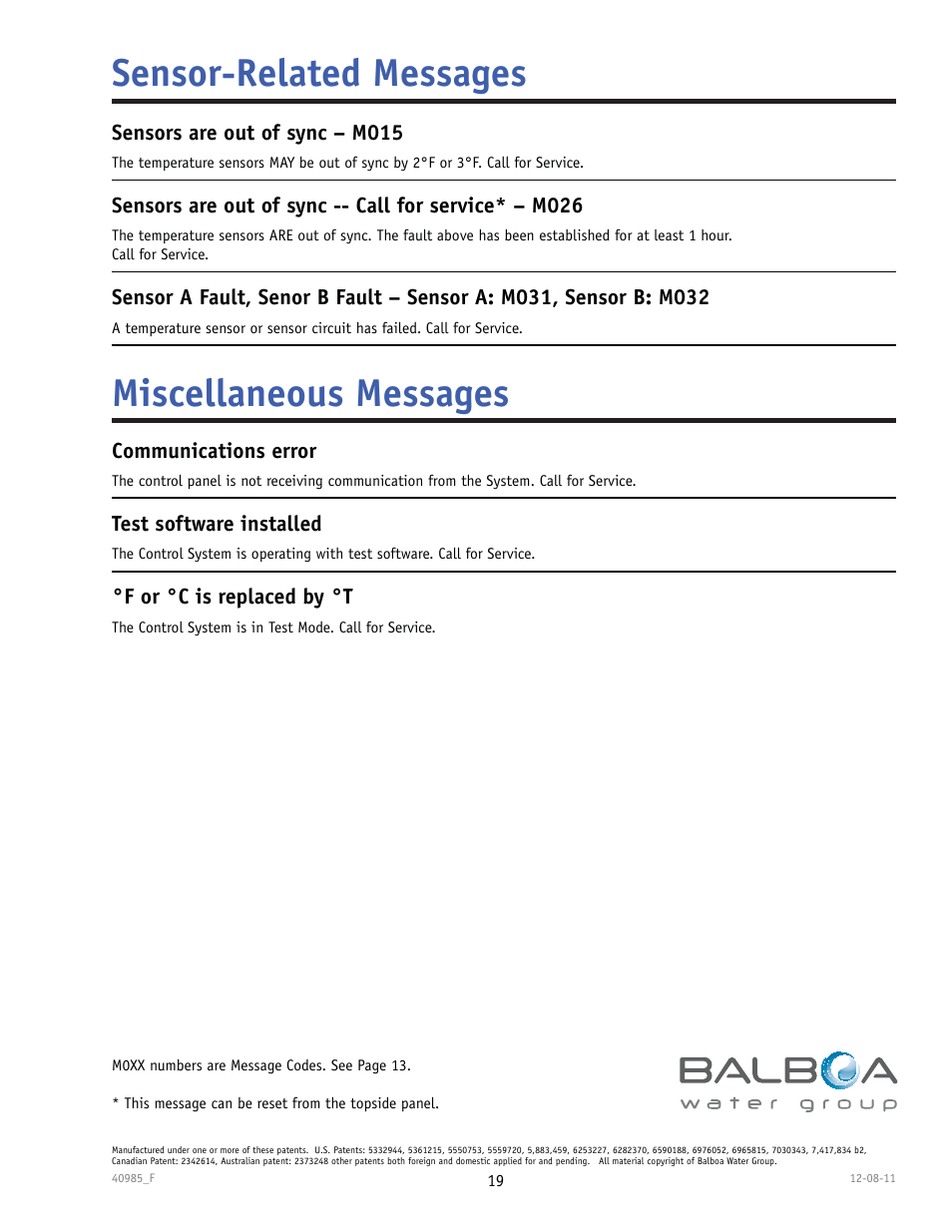 Sensor-related messages miscellaneous messages | Balboa Water Group TP900 User Manual | Page 19 / 22