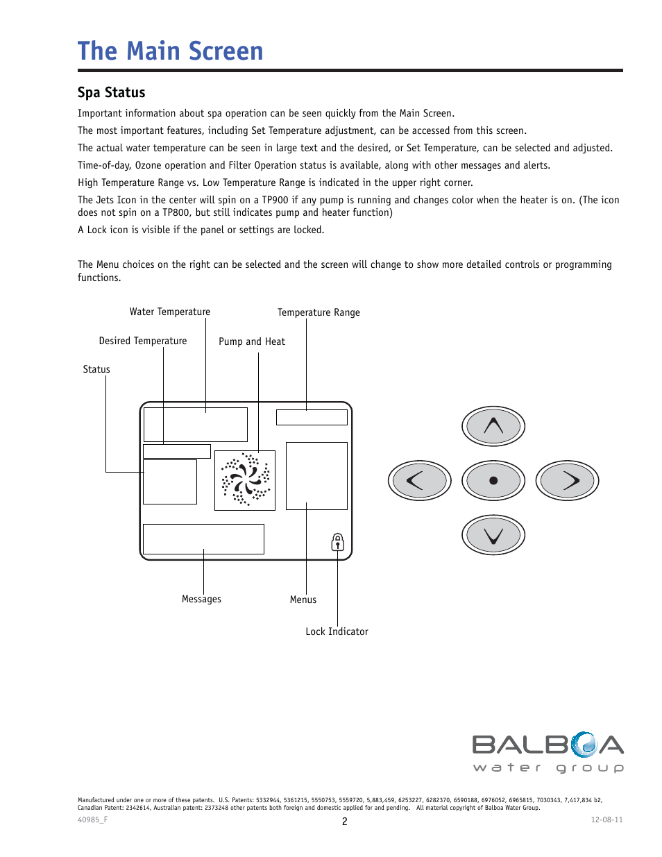 102°f, The main screen, Spa status | Balboa Water Group TP900 User Manual | Page 2 / 22