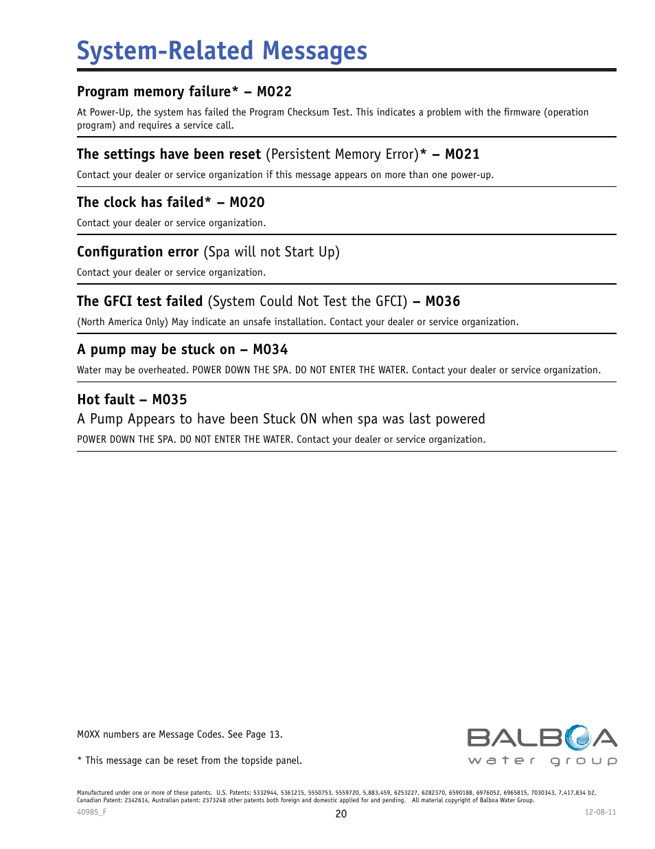 System-related messages | Balboa Water Group TP900 User Manual | Page 20 / 22