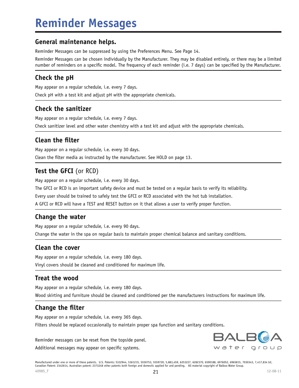 Reminder messages, Check the ph, Check the sanitizer | Clean the fi lter, Test the gfci (or rcd), General maintenance helps, Change the water, Clean the cover, Treat the wood, Change the fi lter | Balboa Water Group TP900 User Manual | Page 21 / 22