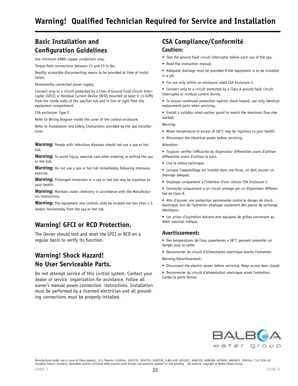 Basic installation and confi guration guidelines, Warning! gfci or rcd protection, Csa compliance/conformité | Warning! shock hazard! no user serviceable parts, Caution, Avertissement | Balboa Water Group TP900 User Manual | Page 22 / 22