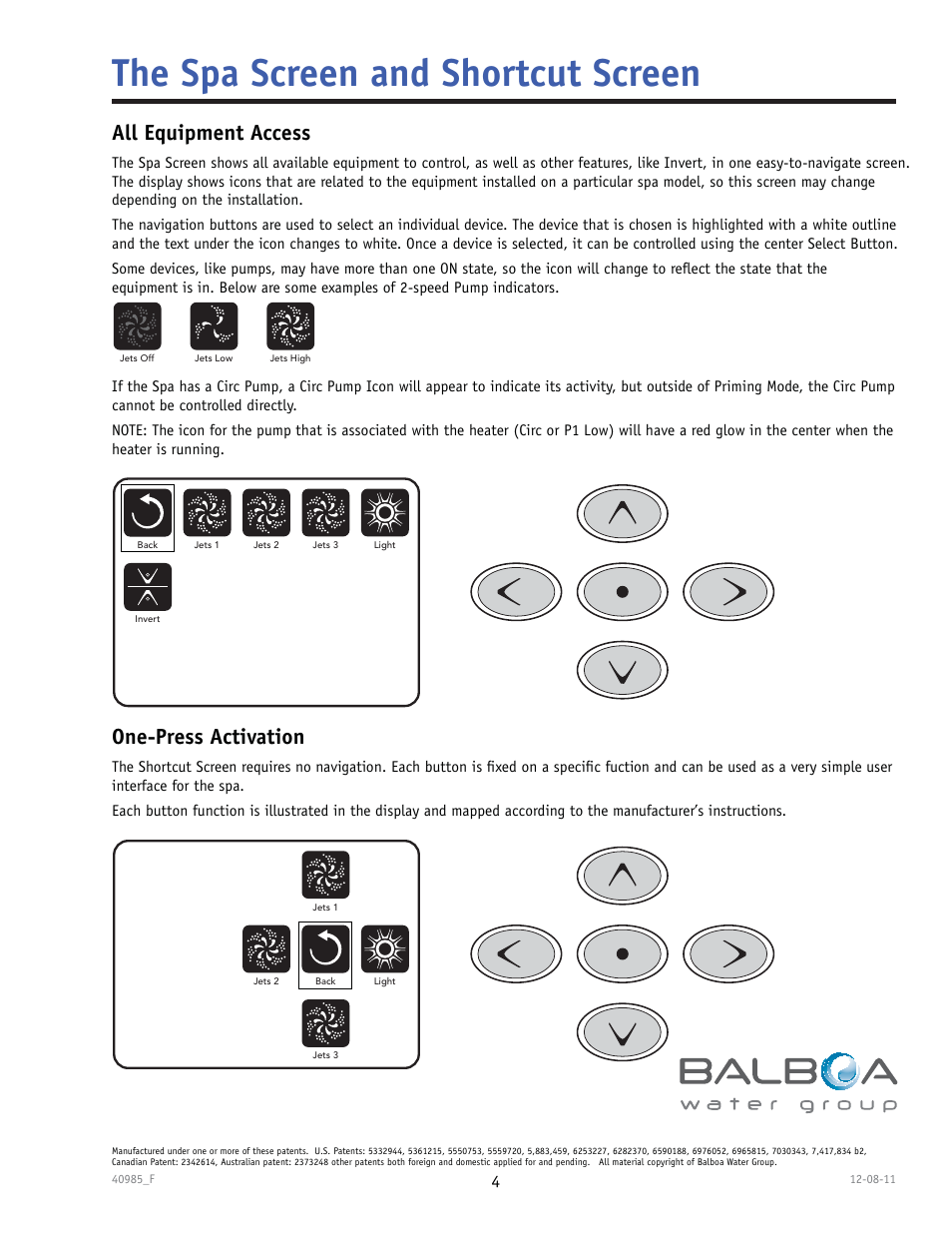 The spa screen and shortcut screen, All equipment access, One-press activation | Ready in rest mode heating, Ready in rest mode heating shortcuts | Balboa Water Group TP900 User Manual | Page 4 / 22