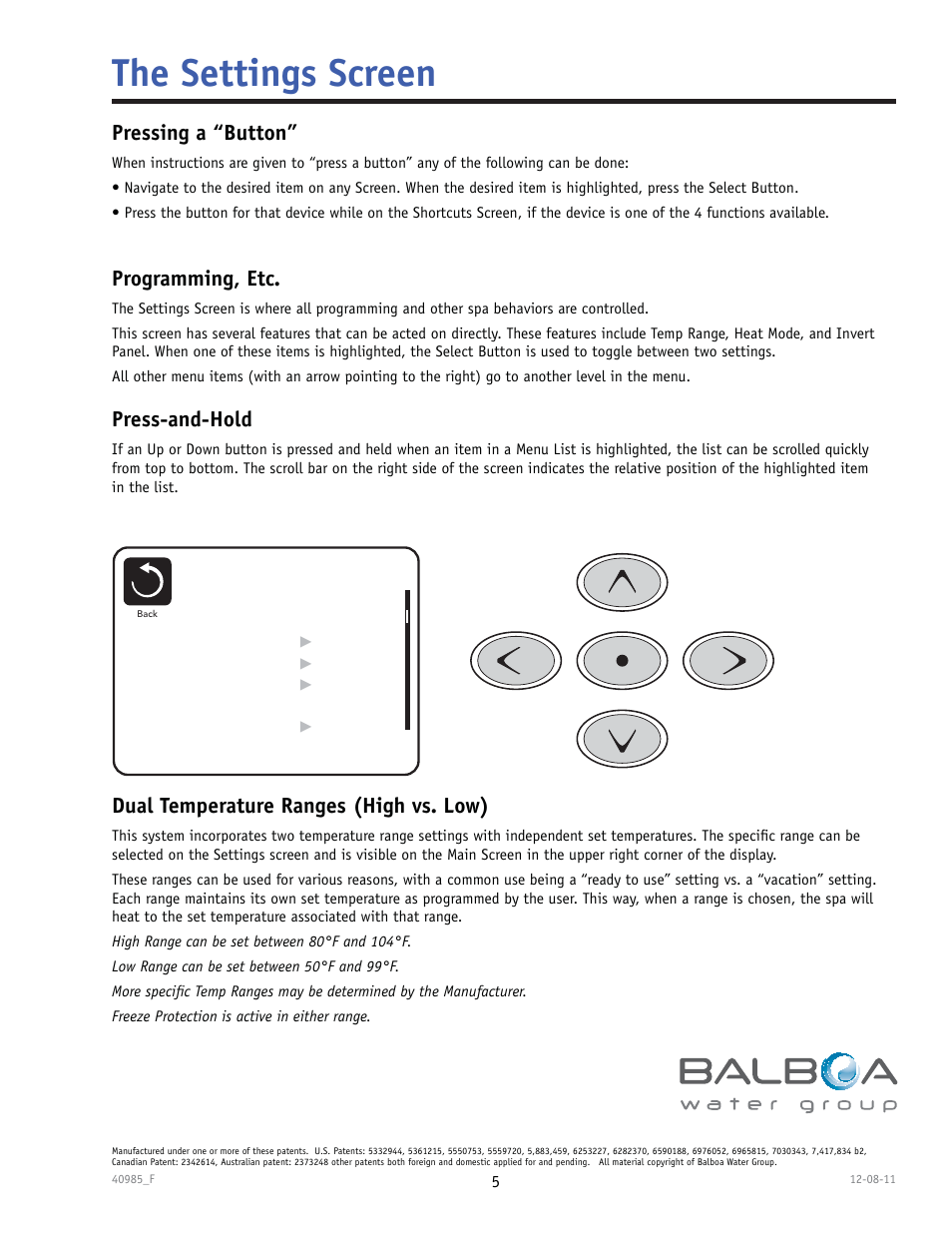 The settings screen, Programming, etc, Pressing a “button | Press-and-hold, Dual temperature ranges (high vs. low) | Balboa Water Group TP900 User Manual | Page 5 / 22