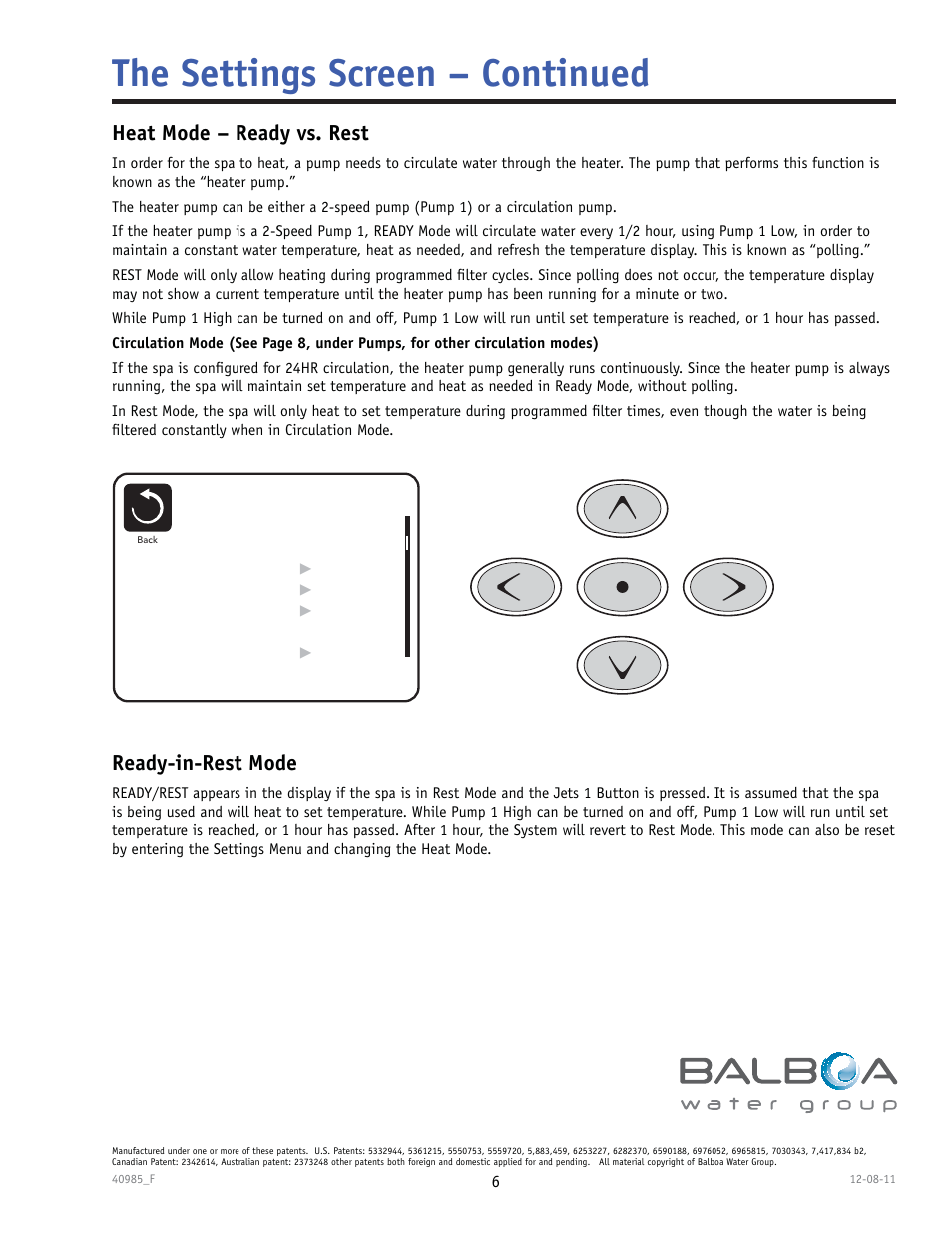 The settings screen – continued, Heat mode – ready vs. rest, Ready-in-rest mode | Balboa Water Group TP900 User Manual | Page 6 / 22
