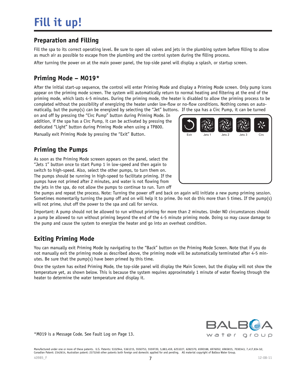 Fill it up, F – – –°c, Preparation and filling | Priming mode – m019, Priming the pumps, Exiting priming mode | Balboa Water Group TP900 User Manual | Page 7 / 22