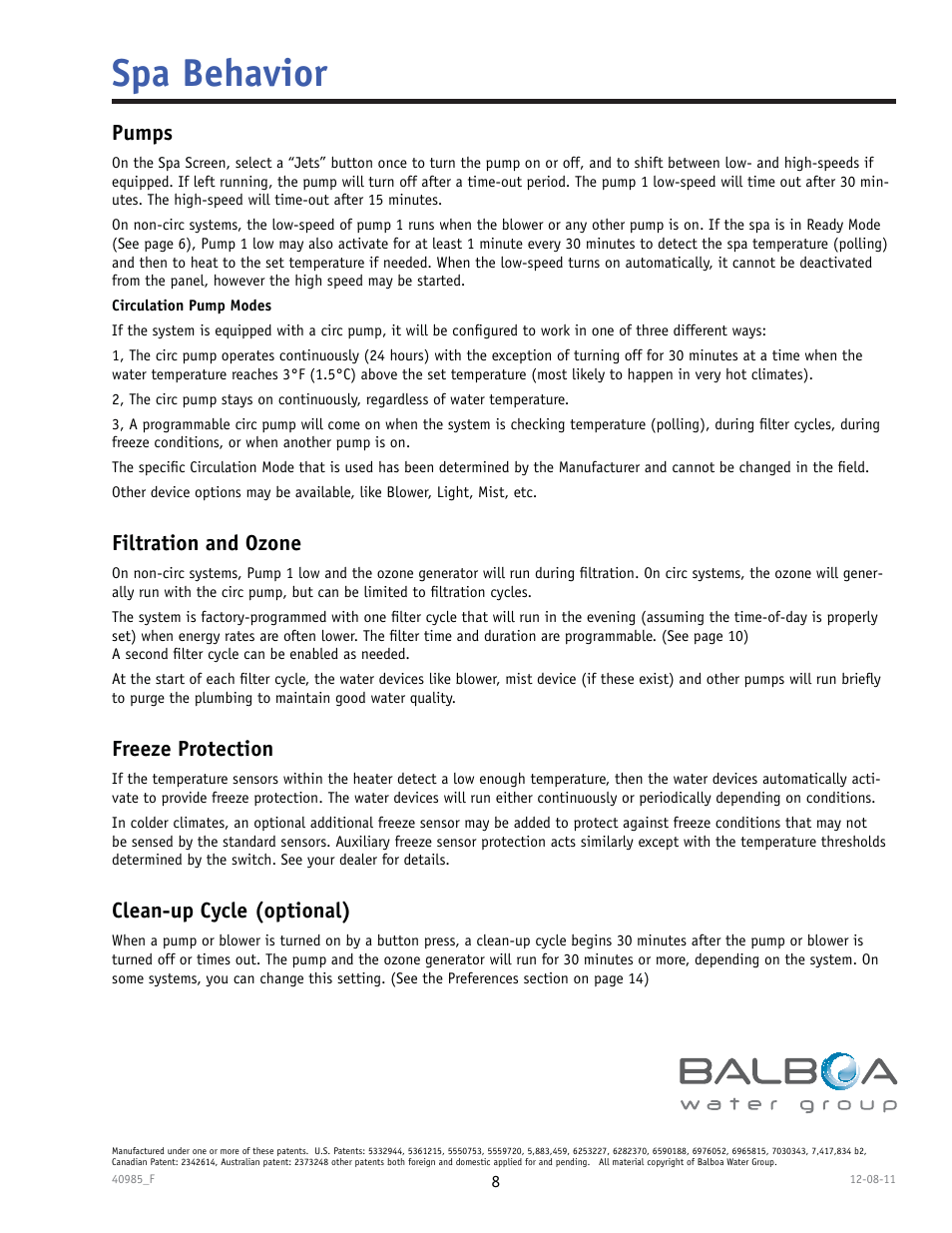 Spa behavior, Pumps, Filtration and ozone | Freeze protection, Clean-up cycle (optional) | Balboa Water Group TP900 User Manual | Page 8 / 22