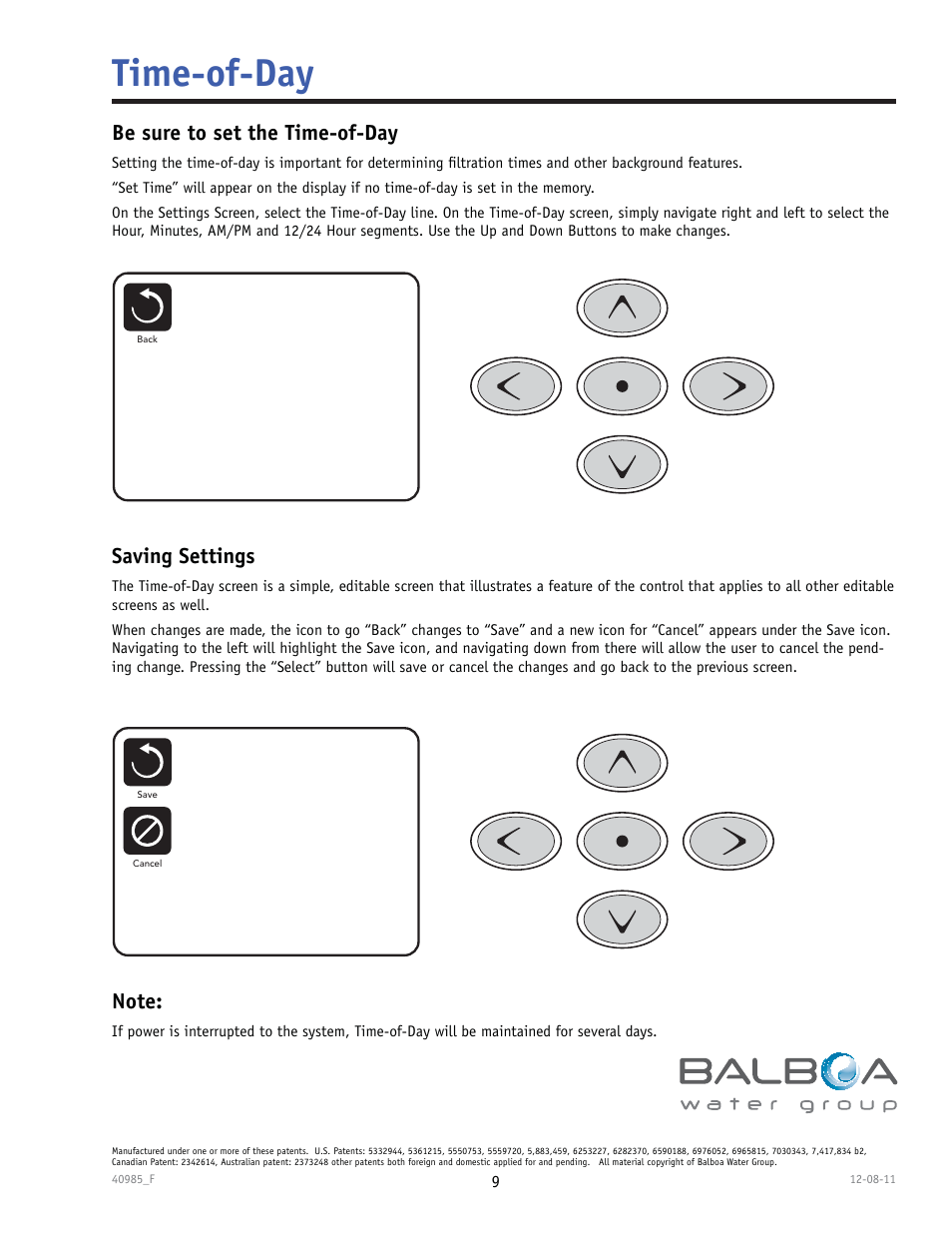 Time-of-day, Be sure to set the time-of-day, Saving settings | Balboa Water Group TP900 User Manual | Page 9 / 22