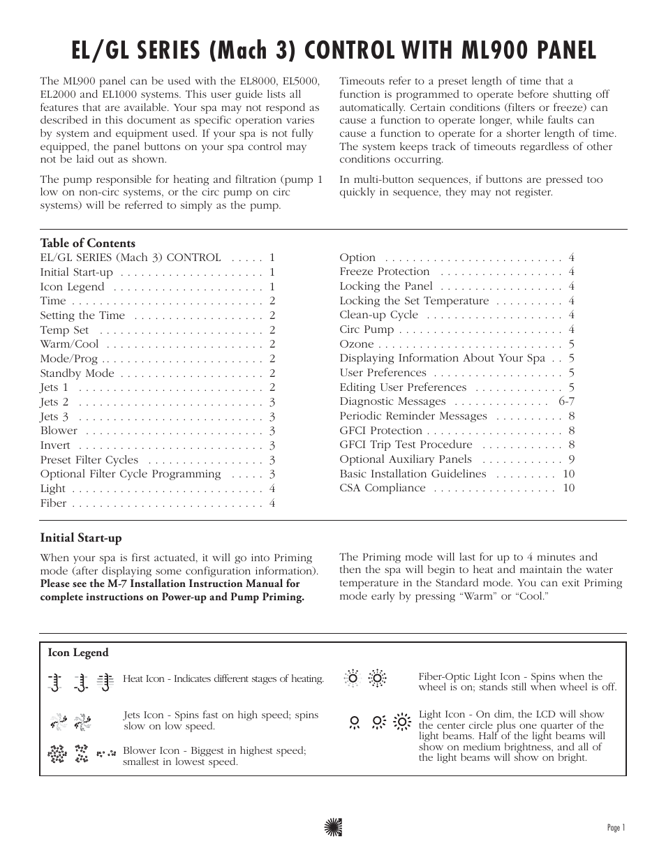 El/gl series (mach 3) control with ml900 panel | Balboa Water Group ML900 - Mach 3 User Guide User Manual | Page 3 / 12