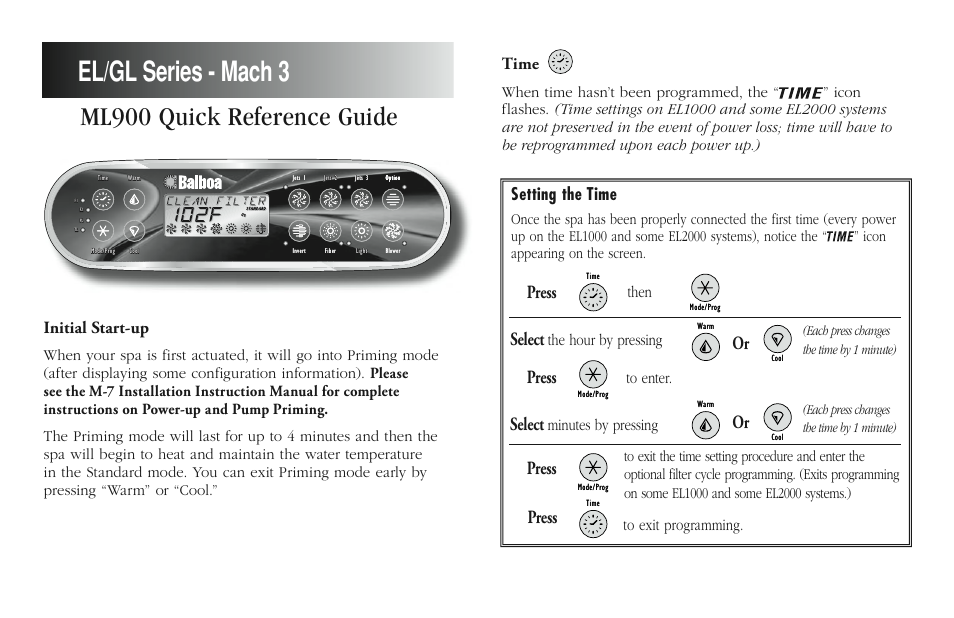 Balboa Water Group ML900 - Mach 3 Quick Reference Guide User Manual | 2 pages