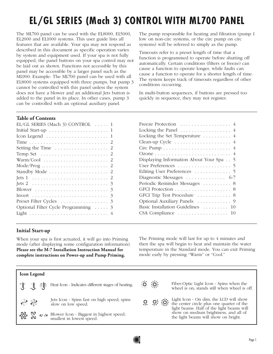 El/gl series (mach 3) control with ml700 panel | Balboa Water Group ML700 - Mach 3 User Guide User Manual | Page 3 / 12