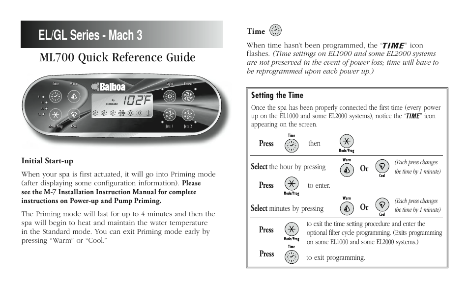 Balboa Water Group ML700 - Mach 3 Quick Reference Guide User Manual | 2 pages