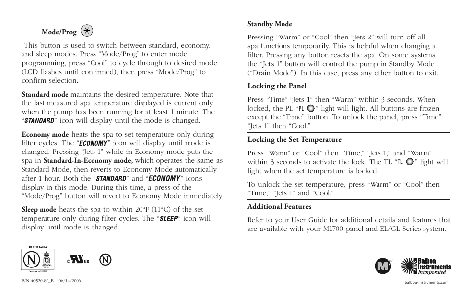 Balboa Water Group ML700 - Mach 3 Quick Reference Guide User Manual | Page 2 / 2