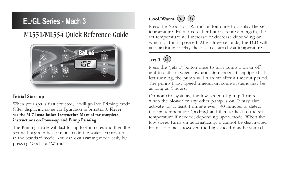 Balboa Water Group ML551 - Mach 3 Quick Reference Guide User Manual | 2 pages