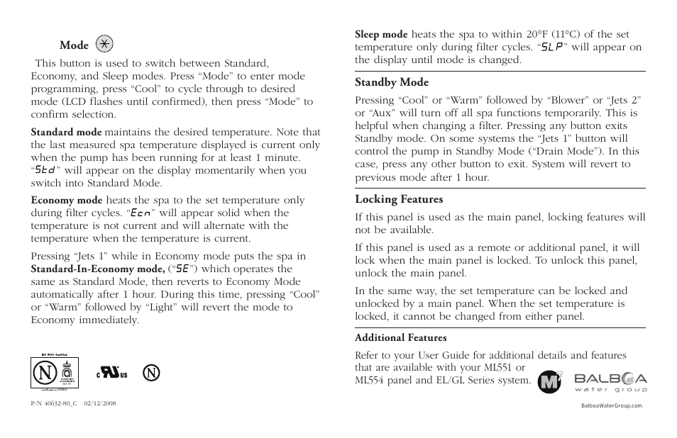 Balboa Water Group ML551 - Mach 3 Quick Reference Guide User Manual | Page 2 / 2