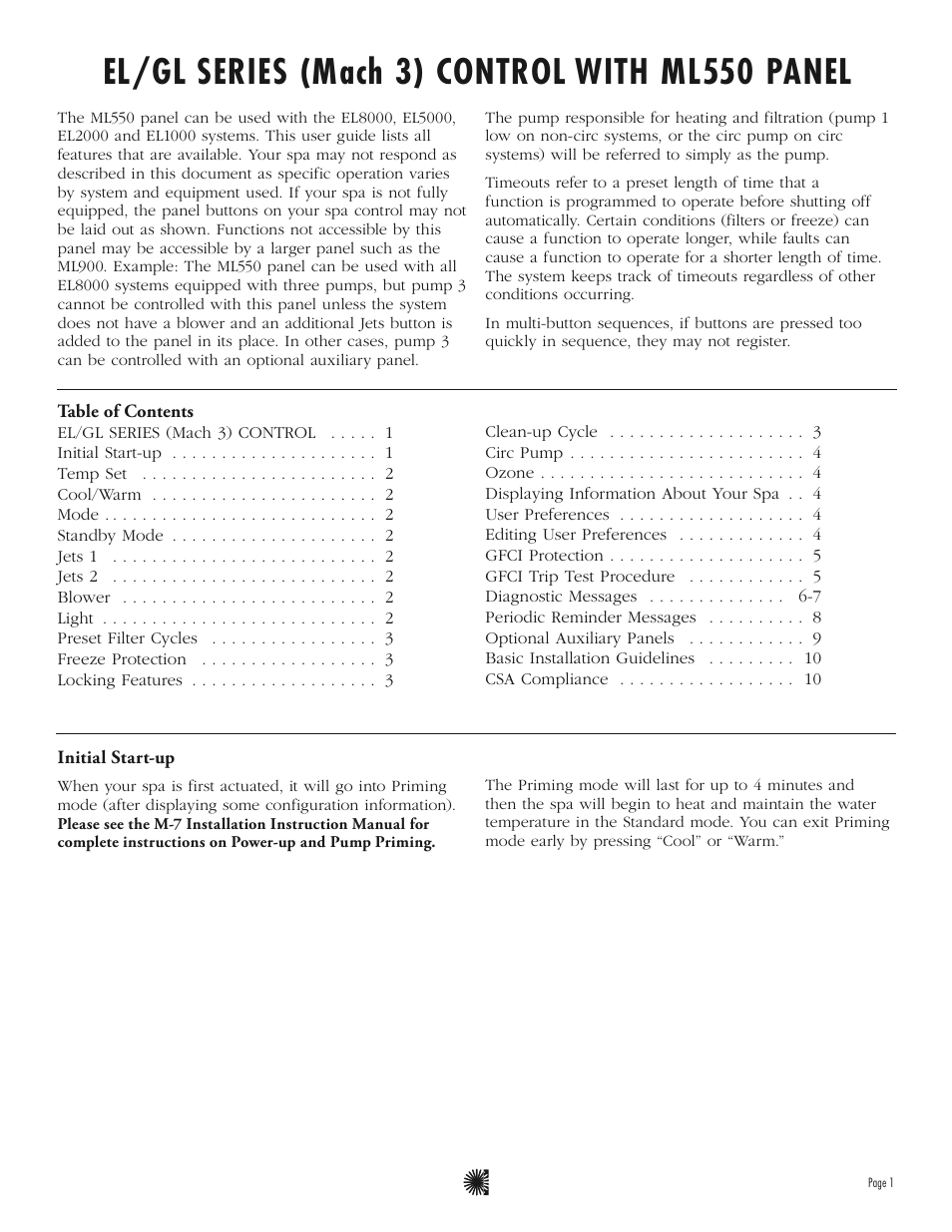 El/gl series (mach 3) control with ml550 panel | Balboa Water Group ML550 - Mach 3 User Guide User Manual | Page 3 / 12