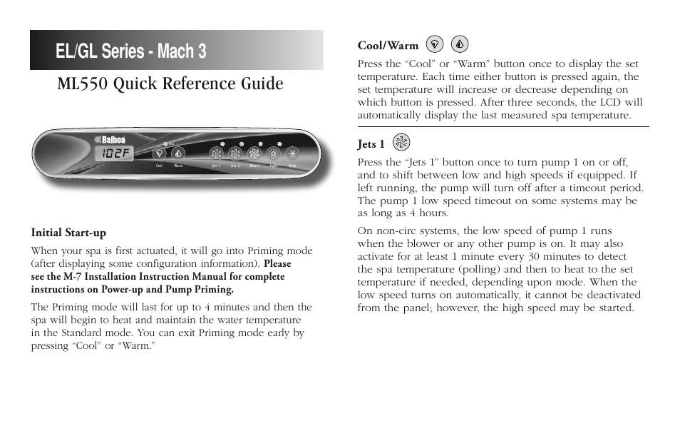 Balboa Water Group ML550 - Mach 3 Quick Reference Guide User Manual | 2 pages