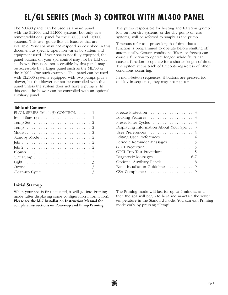 El/gl series (mach 3) control with ml400 panel | Balboa Water Group ML400 - Mach 3 User Guide User Manual | Page 3 / 12